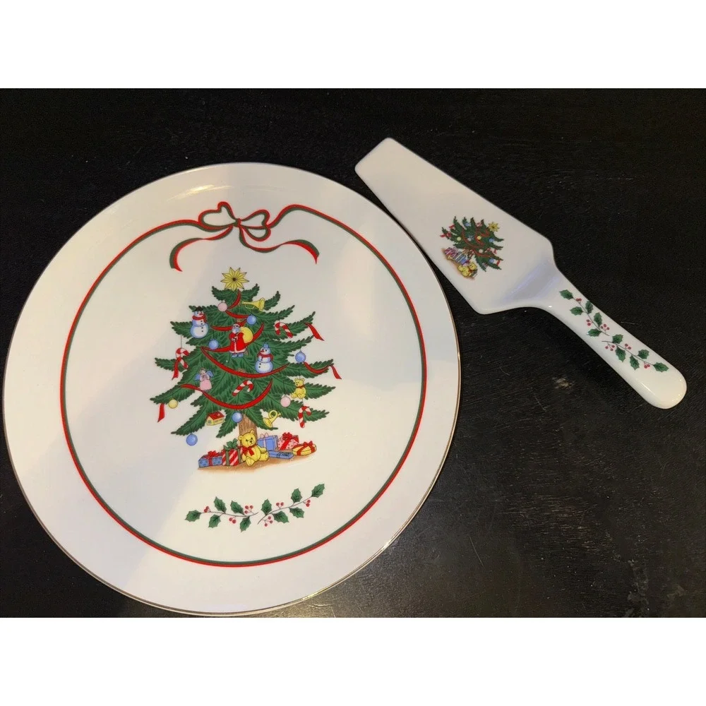 Vintage Christmas Tree Pie Cake Dessert Plate Utensil Server Porcelain Japan